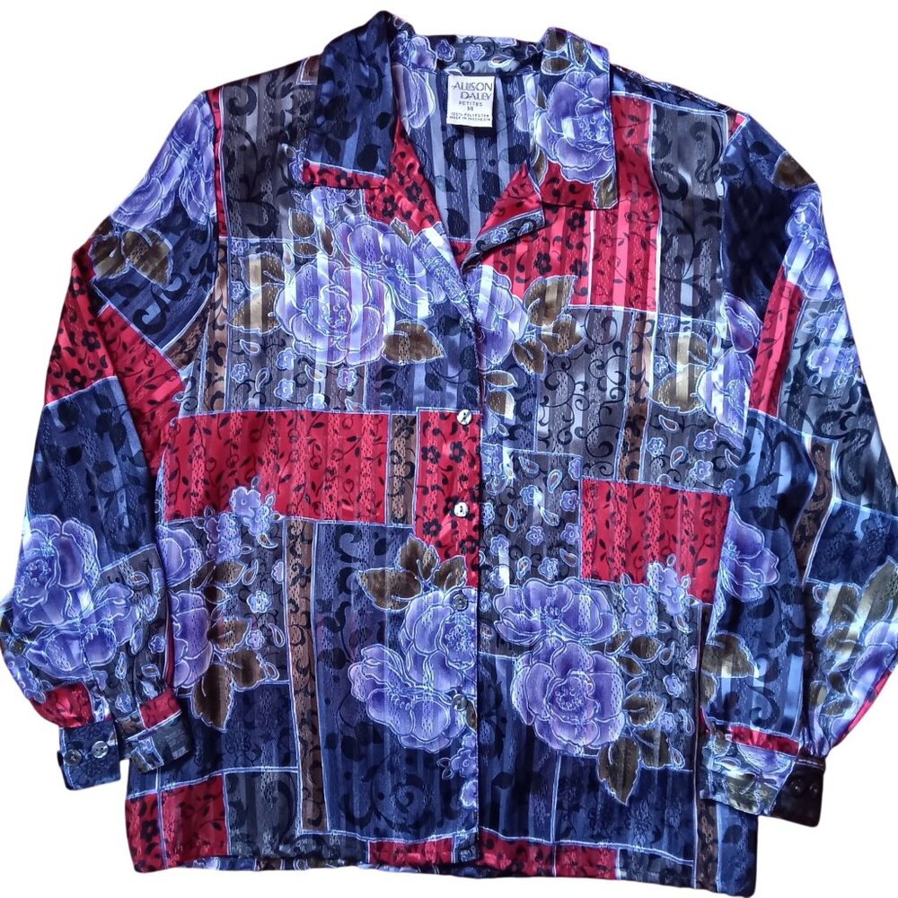 True Vintage Women's Blouse 14P 1990's Allison Daley Petites Shiny Padded Granny